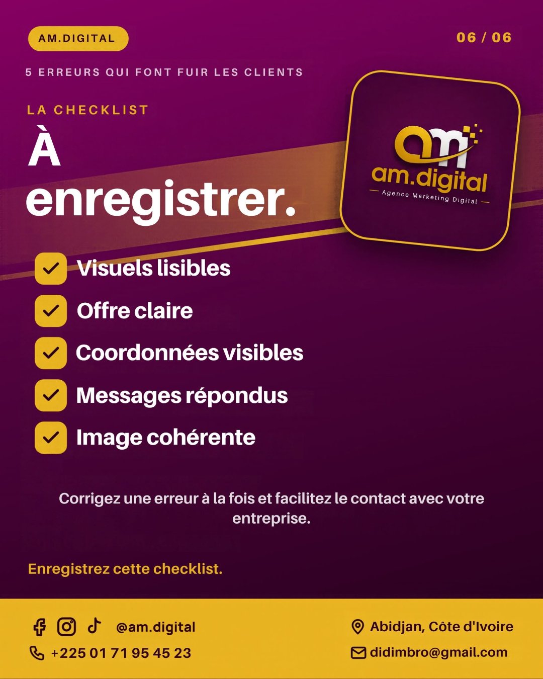 Dernière page du carrousel AM.Digital « 5 erreurs qui font fuir les clients », la checklist à enregistrer