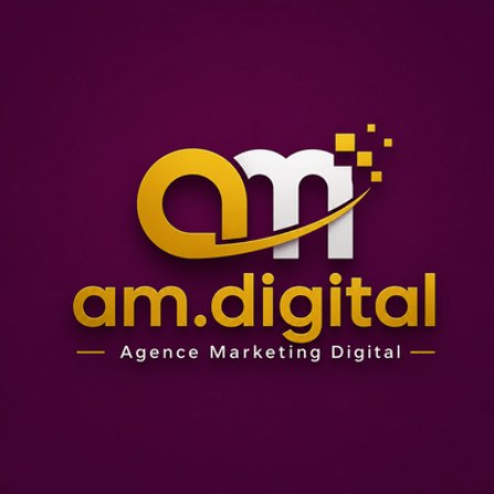 Logo AM.Digital, monogramme or et blanc sur fond prune