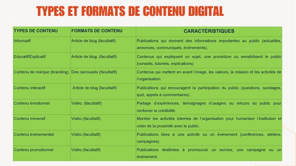 Types et formats de contenus retenus